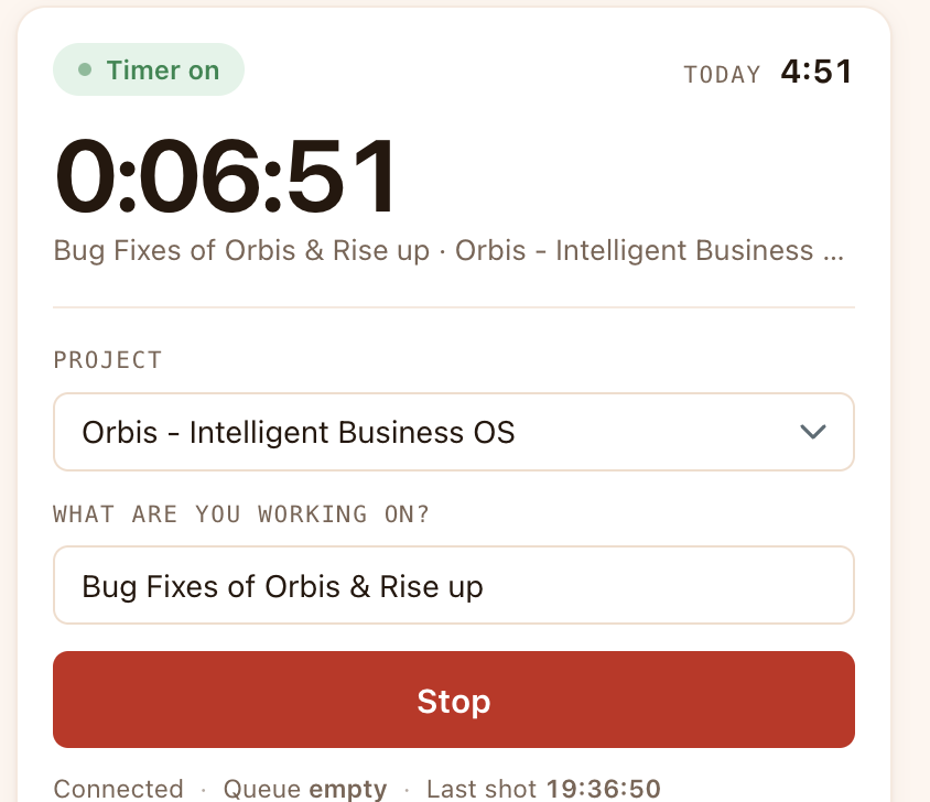 The Rise Up timer running, showing the project, a what-are-you-working-on field, a Stop button, and a status line reading Connected, Queue empty, Last shot 19:36:50.